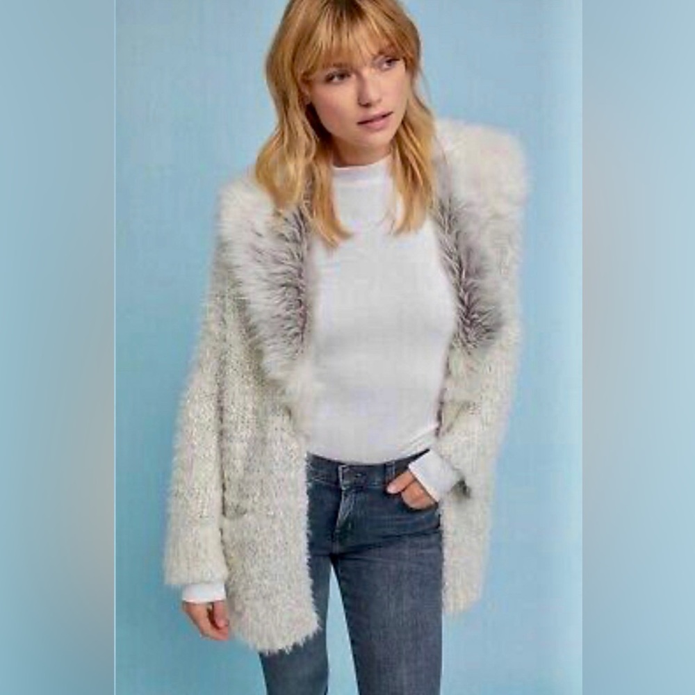 Anthropologie Sleeping on Snow Faux Fir Trim Cardigan